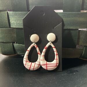 Metal Teardrop White with Red Stripes Earrings